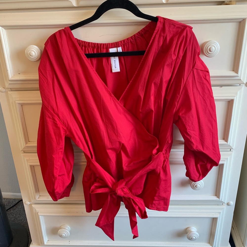 Red, cross tie, long sleeve top